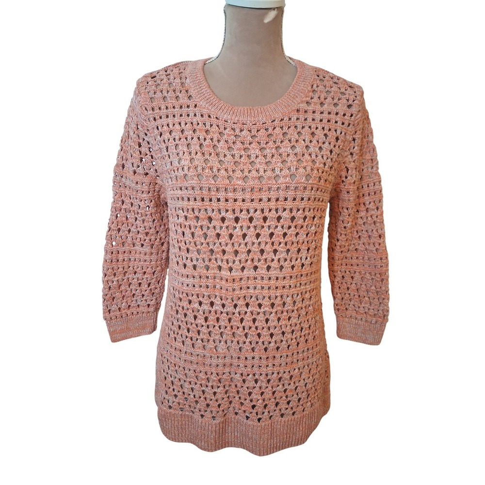 Croft & Barrow Womens Large Coral Marled Open Knit Cotton Sweater 3/4 Sleeve